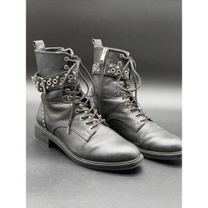 Zara Trafaluc Black Studded Combat Ankle Boots Lace Up Buckle EU 41 US 10 Women